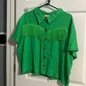 Fashion Brand Company Green Fringe Linen Shirt